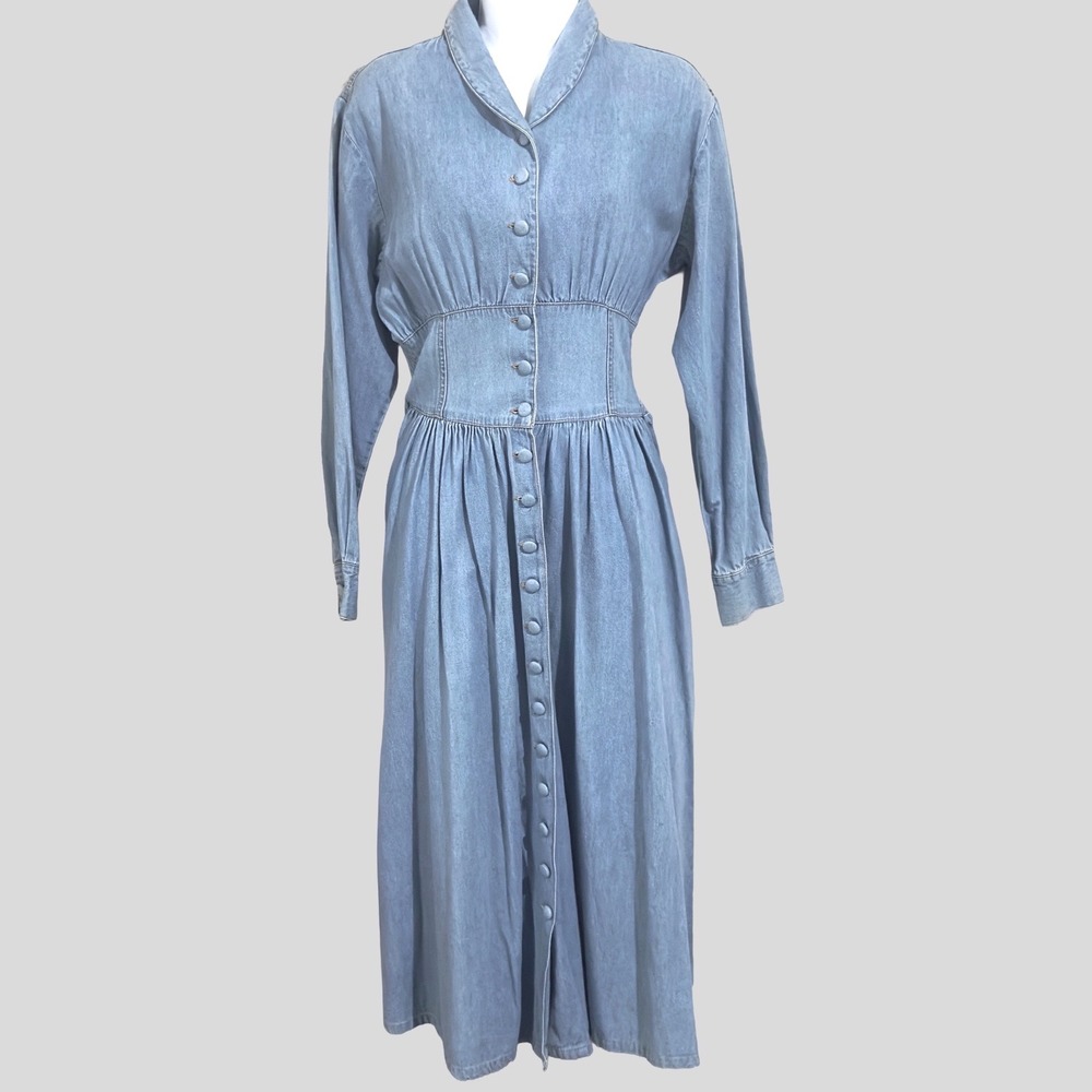 VTG 90s Styleworks Denim Midi Dress 8 Long Sleeve Button Front Western Prairie * - Picture 4 of 14